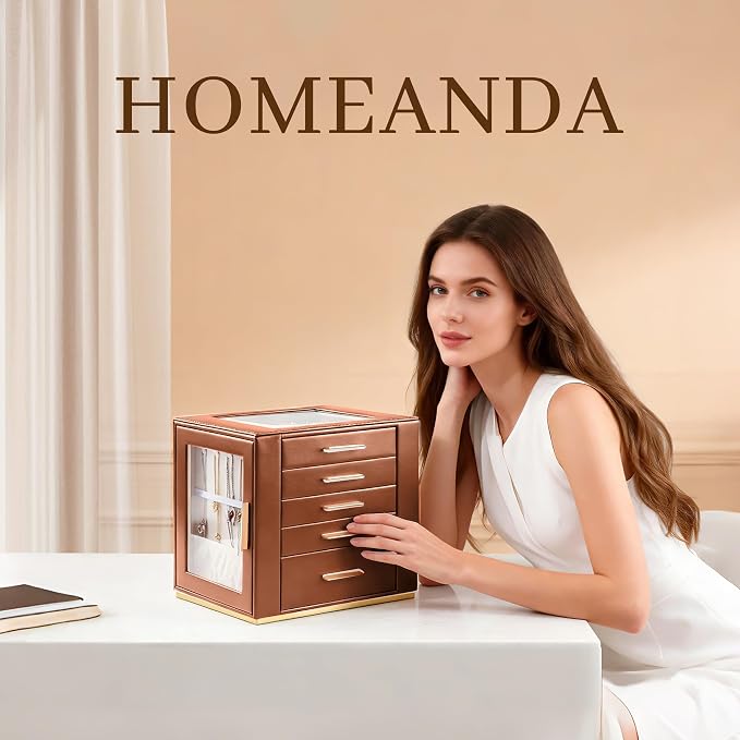 Homeanda Jewelry Box for Women with Glass Lid, 5 Drawers Jewelry Organizer and Storage for Necklaces, Rings, Earrings, Bracelets, Gift for Girls and Teens,PU Leather (Brown)