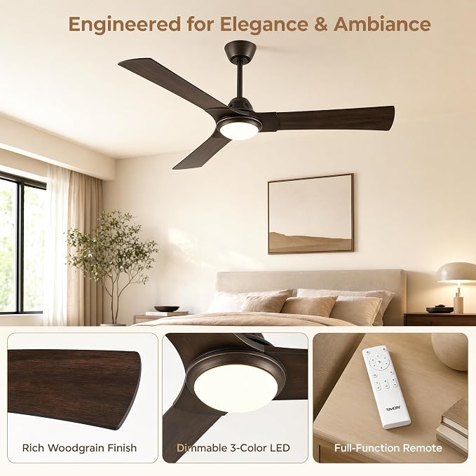 52 Inch Ceiling Fan with Light, DC Motor | Dimmable LED, 3-Color Temperatures, Reversible Blades, Quiet 30dB, Energy-Saving DC Motor, 6-Speed, 2/4H Timer, Indoor Use