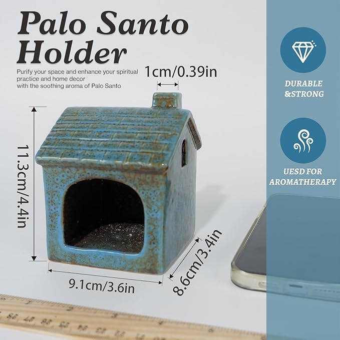 Mougigi Blue House Palo Santo Burner Holder - Ceramic Mini Chiminea with Stable Base for Burning Sage & Incense Cones-Ideal Small Smudge Bowl for Zen Altars, Meditation,Yoga Spaces, Home Decor & Gifts