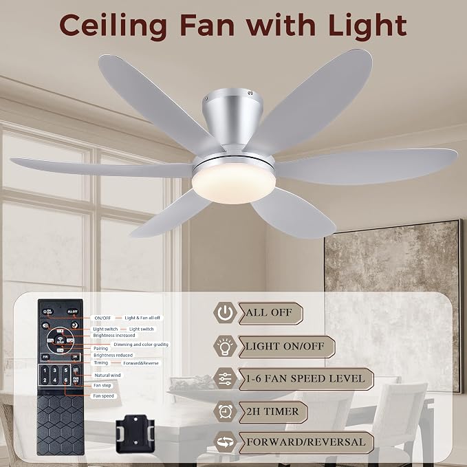 GJeg Ceiling Fans with Lights,42" Low Profile Ceiling Fan with Light and Remote Control,Flush Mount, Reversible, Dimmable, Noiseless, Silver Ceiling Fan for Bedroom
