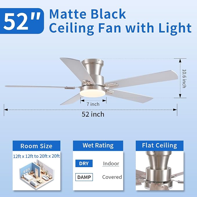 NKPU 52Inch Flush Mount Ceiling Fans with Lights and Remote Control/APP Control, DC Reversible Motor, Noiseless, Dimmable, Low Profile Nickel Ceiling Fan for Bedroom Indoor/Outdoor Use