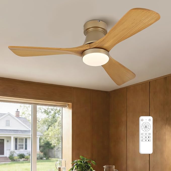 42 Inch Gold Ceiling Fan with Lights, Remote Control, Flush Mount, Dimmable, Reversible, Wood Blades, Power-Off Memory, Quiet DC Motor, Modern Hugger Ceiling Fan for Indoor Outdoor Gold