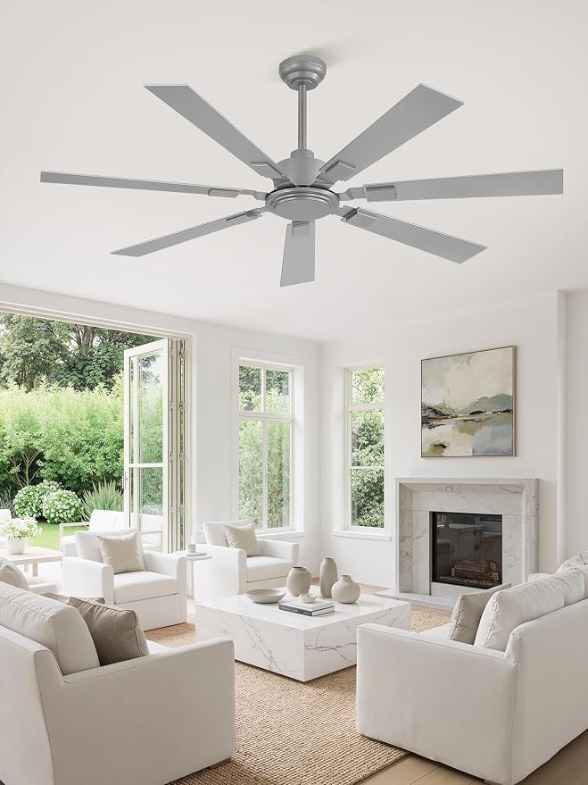 ZMISHIBO 60“ Ceiling Fans No Light with Remote, Silver Modern Ceiling Fan Without Light, Quiet Reversible DC Motor, 6 Speeds, 7 Blades Indoor/Outdoor Ceiling Fan for Living Room Bedroom Patio Garage