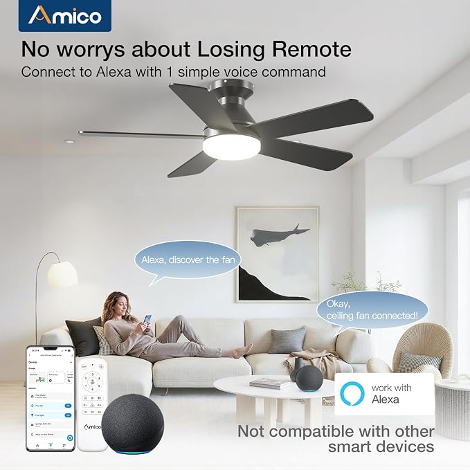 Amico 42 inch Smart Ceiling Fans with Lights, Small Low Profile Ceiling Fan, Remote/Alexa Voice Control, Flush Mount, Reversible DC Motor, 5 Blades, 6 Speeds, 3CCT, Dimmable, Noiseless, Bedroom, Black