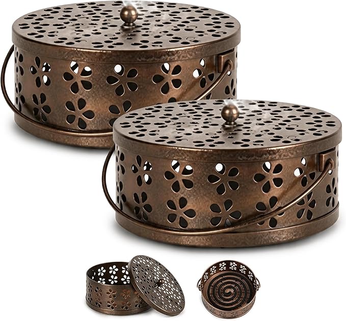 2-Pack Retro Bronze Mosquito Coil Holder, Outdoor Citronella Incense Sticks Burner, Metal Incense Holder with Handle