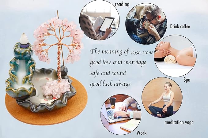 Dreamgirnh Backflow Incense Holder, Waterfall Incense Burner, Gemstone Money Tree Home Living Room Decorations Office Accessories for Women, Mothers Day Mom Gifts (Rose Quartz)