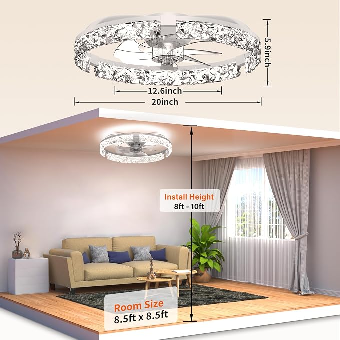 Ceiling Fans with Lights and Remote,20''Low Profile Ceiling Fan,3000-6000K Dimmable Modern Flush Mount LED Fan Light,6 Wind Speeds for Bedroom (White, 20-inch Foldable Diamond)