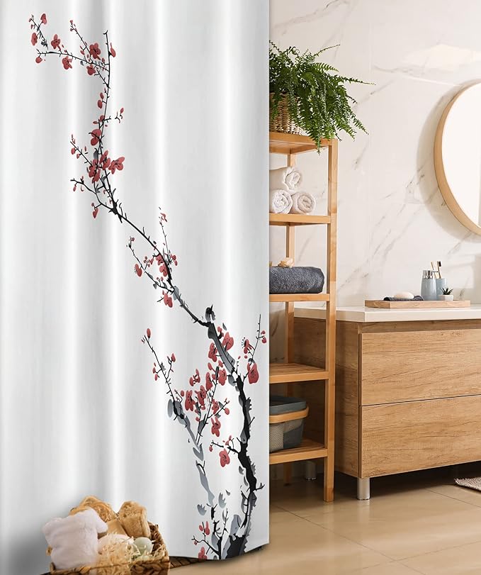 Ambesonne Watercolor Flower Stall Shower Curtain, Sakura Tree Cherry Branches in Classic Style Artwork, Fabric Bathroom Decor Set with Hooks, 36" W x 72" L, Coral Black