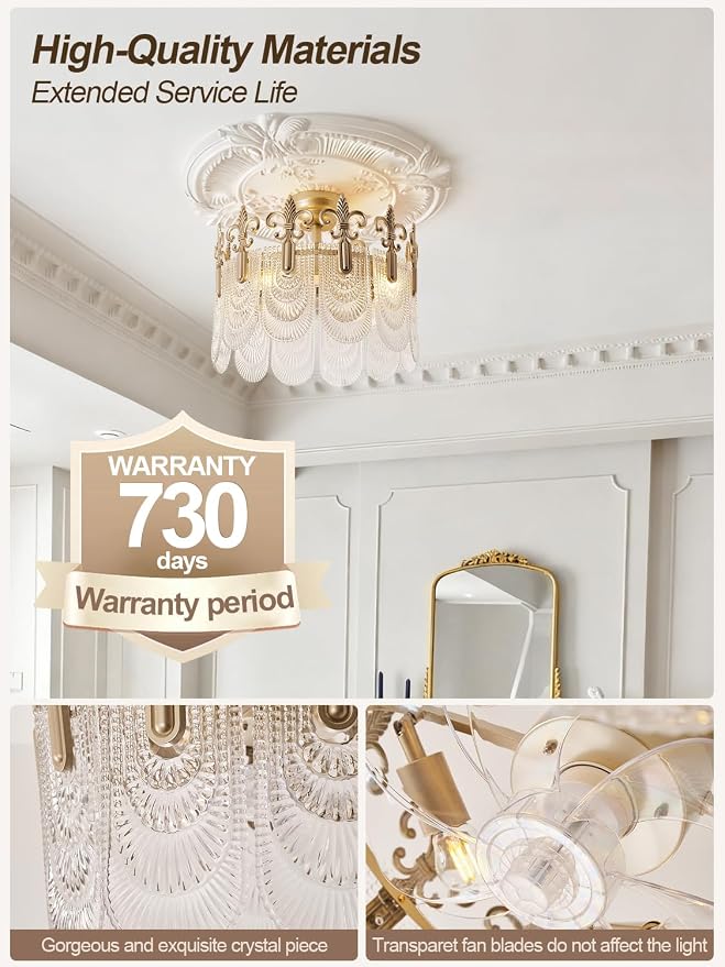 Gold Crystal Fandelier Ceiling Fan with Light,20" Gold French Chandelier Ceiling Fans with Lights Remote Control, Morden Mid-Century Caged with 6 Speeds for Bedroom, Nursery, Living Room
