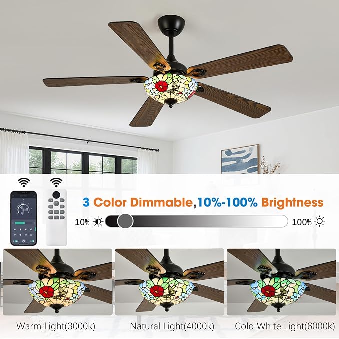 52" Tiffany Style Ceiling Fans with Lights, Vintage Chandelier Ceiling Fan with Stained Glass Shade, Dimmable LED, 6 Speeds Reversible for Bedroom (Butterfly Garden)