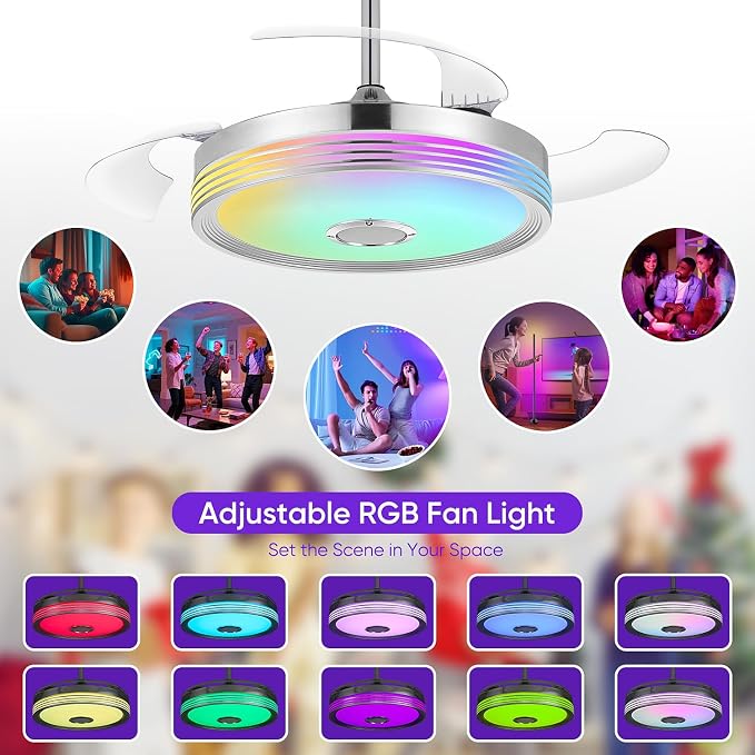 FIDGRA 48'' Retractable Ceiling Fan with Light, Bluetooth Modern Ceiling Fans with Speaker, RGB LED Lights, 6 Speeds, Reversible Motor for Bedroom, Living Room, Party-Chrome