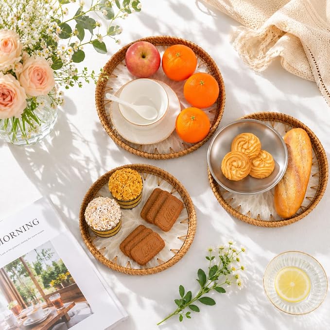 Set of 3 Round Rattan Tray, Rattan Serving Tray for Storage, Decorative Wicker Tray for Table Decor, Home Decor, Kitchen, Coffee, Bread, Fruits (White Leaf, Set of 3)