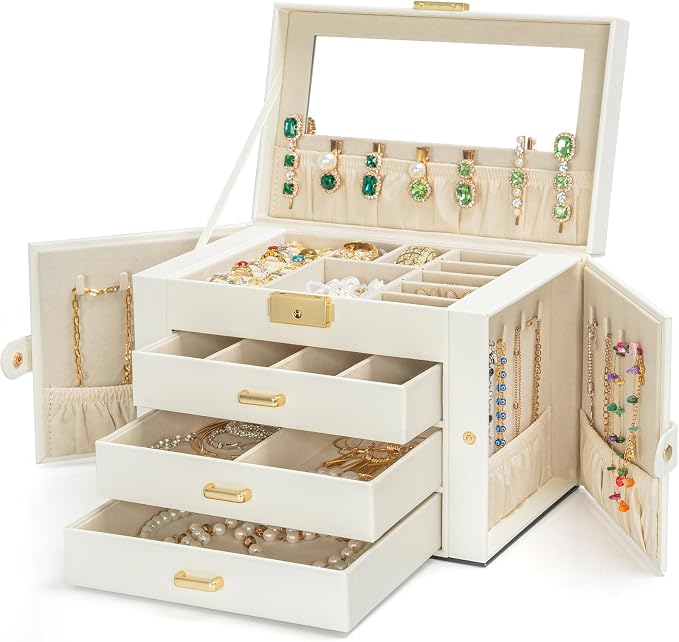 AKOZLIN Large 4-Tier Jewelry Box Leather Jewelry Storage Organizer with 3 Drawers Lockable for Women Girls Ring Necklace Earring Bracelet Watches Holder with Mirror White