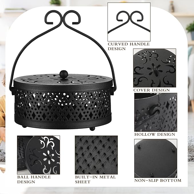 Lallisa Incense Coil Holder Sets, Round Metal Hanging Incense Burner with Handle and Lid, Portable Coil Burner Stand Container for Patio Camping Garden Home Indoor Outdoor Decor(Black,4 Pcs)