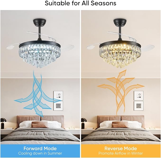 42'' Chandelier Ceiling Fan with Lights, Retractable Fan with Remote and APP, Crystal Fandelier Ceiling Fan, Dimmable LED, Reversible Motor, Quiet for Bedroom Living Room-Black