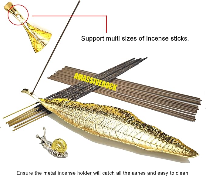 Leaf and Snail Incense Burner - Gold Incense Sticks Holder with Ash Catcher for Counters, Meditation Room, Yoga Decor, Home