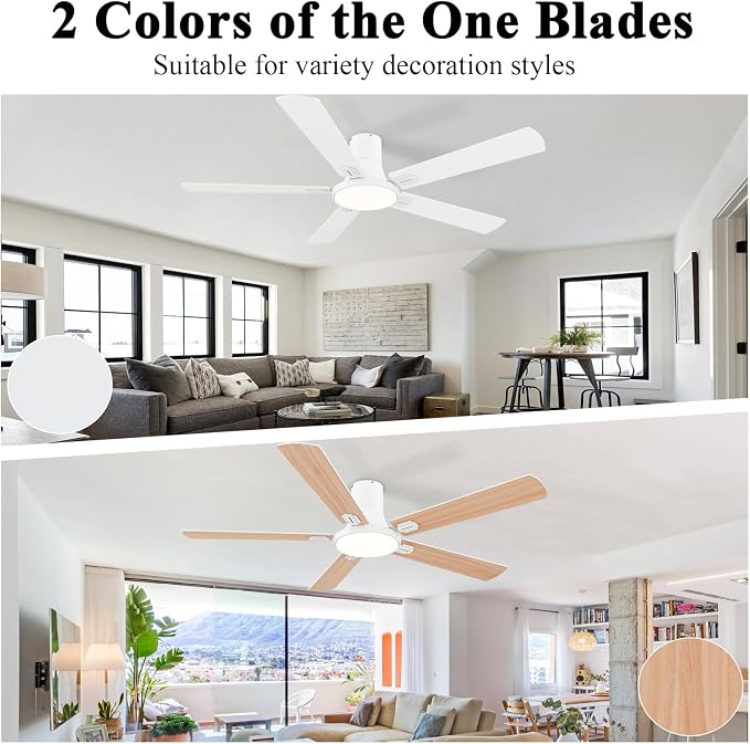 SNJ 60 Inch White Ceiling Fans with Lights and Remote,Flush Mount Low Profile 5 Blades Ceiling Fan,Dimmable Quiet Reversible DC Motor for,Living Room,Bedroom and Patio