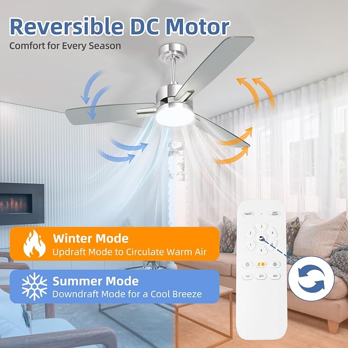 hykolity 52 Inch Modern Nickel LED Ceiling Fan with Light and Remote | 3CCT Dimmable LED Light, Quiet Reversible DC Motor, 6-Speed, Downrod Included, 3 Blade Ceiling Fans for Bedroom Living Room