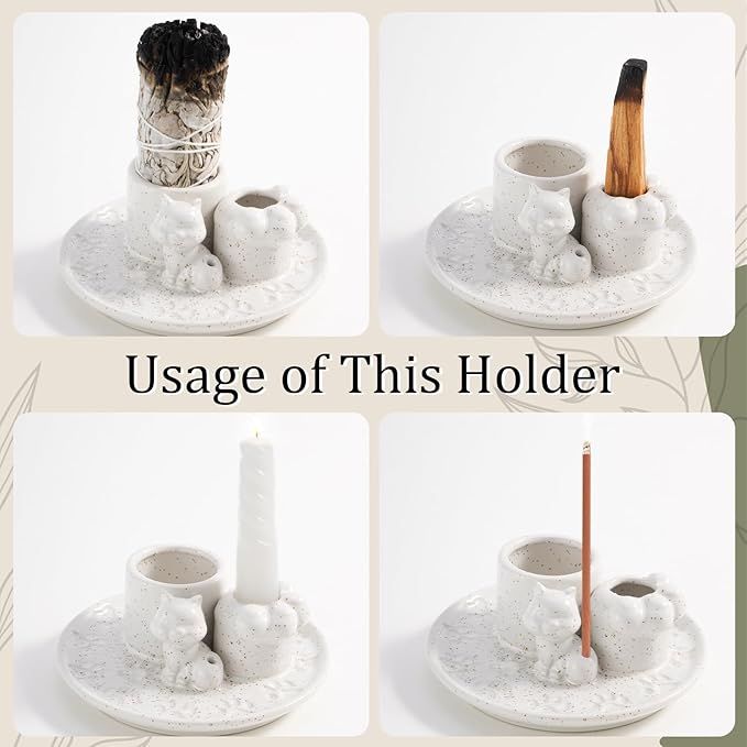 Palo Santo Holder, 4 in 1 Incense Holder for Incense Sticks, Burning Sage, Palo Santo (Ceramic,White)