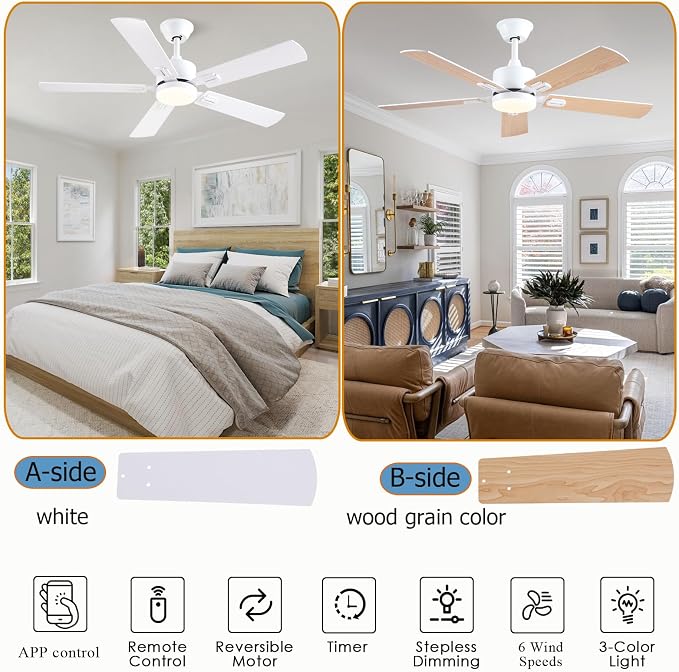 FUMLTP 46 inch Modern White Ceiling Fans with Lights APP/Remote Control, Low Profile Reversible 6 Speeds Ceiling Fan Light for Indoor/Outdoor Patio Bedroom Living Room
