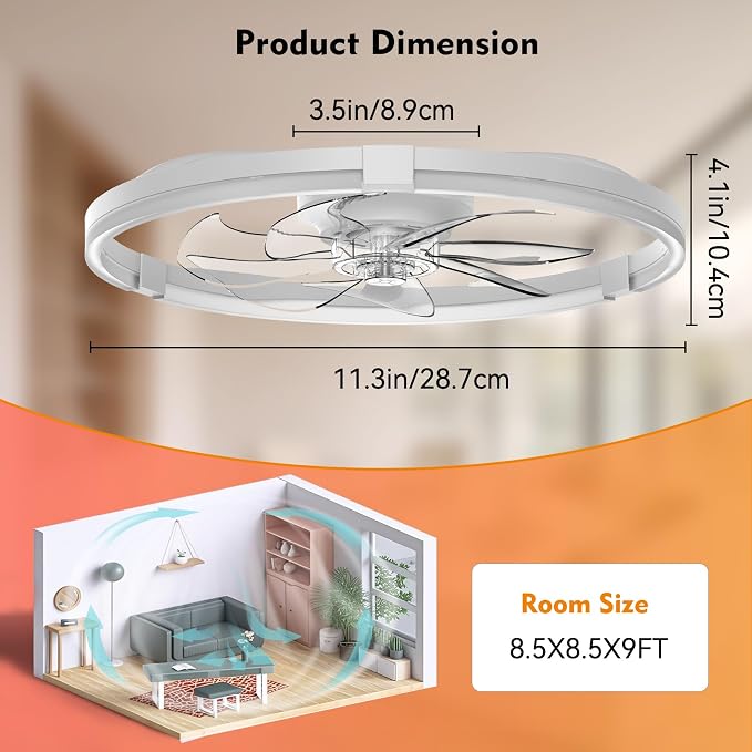 20'' Low Profile Ceiling Fan with Lights, Ceiling Fans with Lights and Remote, 3000-6500K Dimmable Modern Flush Mount LED Fan Lights, 6 Wind Speeds Ceiling Fans for Bedroom