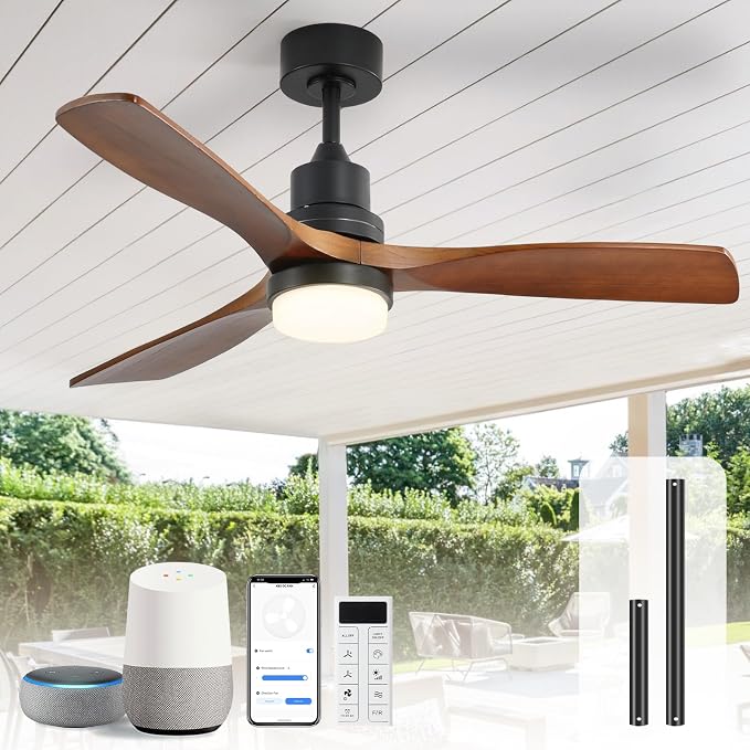 Sofucor 52 Inch Smart Ceiling Fan with Lights, Brown Black | Alexa/APP/Remote Control, Modern 3 Solid Wood Blades, 3CCT, Dimmable, Bedroom Living Room Farmhouse Patio