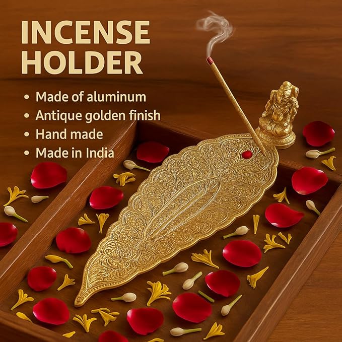 Pure Source India Aluminum Incense Holder & Ash Catcher Agarbatti Stand Featuring Ganesh Figurine (9x2 inch, Gold)