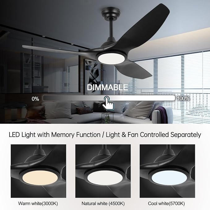 52 Inch High CFM Quiet Modern Black Ceiling Fan with Lights Remote Control | DC Motor, 6 Speed, Indoor 3 Blade Ceiling Fan for Bedroom Living Room