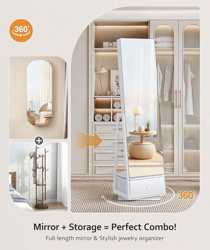 Nicetree 360° Swivel Jewelry Cabinet, Rotatable Full Length Mirror with Jewelry Storage, Standing Jewelry Armoire Organizer, Lockable Jewelry Organizer with 3 Rear Shelves, Bottom Drawer, Pure White