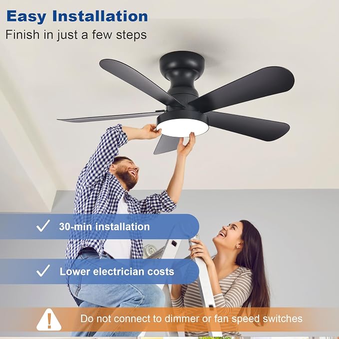 Depuley Black Ceiling Fan with Lights: 35-Inch Flush Mount Fan with Light and Remote - Low Profile Ceiling Fans Reversible Quiet DC Motor for Bedroom Living Room Indoor Outdoor