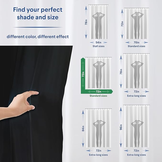 Clorox Shower Curtain Liner, Premium Medium Weight Flexible Waterproof 6g PEVA for Bathroom with Weighted Magnets, Standard Size 72" x 72", Black 1 Pack