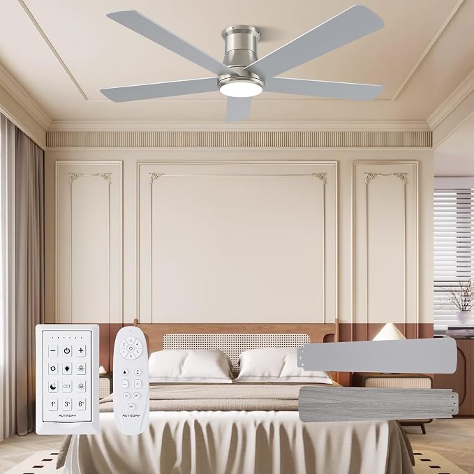52 Inch Low Profile Ceiling Fan with Light, Burshed Nickel Ceiling Fans with Lights and Remote, Flush Mount, 6 Speeds Quiet DC, 3CCT Dimmable, Indoor Outdoor Ceiling Fans for Patios Bedroom