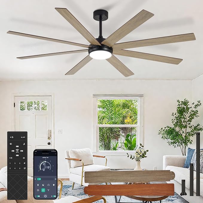 Large Ceiling Fan with Light: 72 Inch Indoor/Outdoor Fan Reversible DC Motor 6 Speed - Dual 8 Blades Big Ceiling Fans with Lights Dimmable 3CCT for Living Room Covered Patio, Wooden