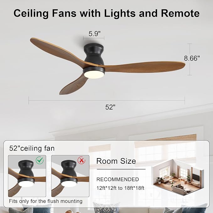 52 Inch Ceiling Fan with Light and Remote & APP Control, 3 Wooden Blades, 6 Wind Speeds, Quiet DC Motor, Indoor Flush Mount Ceiling Fan for Bedroom Living Room Farmhouse Patio