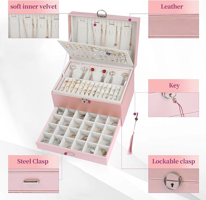 BOOVO Large Jewelry Boxes For Women (rose gold) | 5 Layers Jewelry Organizer Box With Cosmetic Storage Drawer, Necklace Ring Jewelry Organizer Box