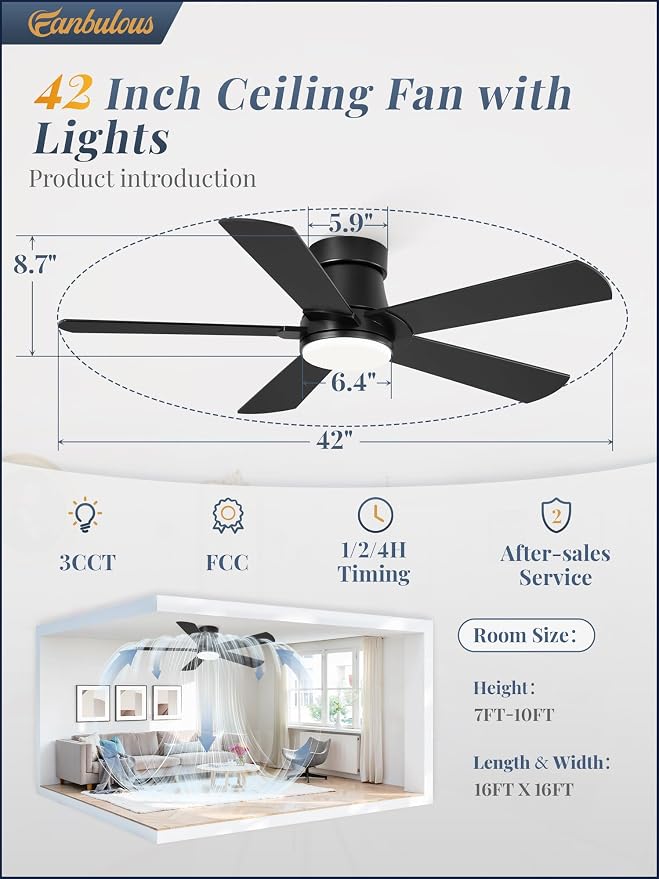 Fanbulous 42” Ceiling Fans with Lights and Remote, Flush Mount Ceiling Fan | Low Profile,Black Modern Ceiling Fan with LED Light, 5 Blades, 3CCT, 6 Speeds,Timer,Bedroom, Indoor, Outdoor,Living room