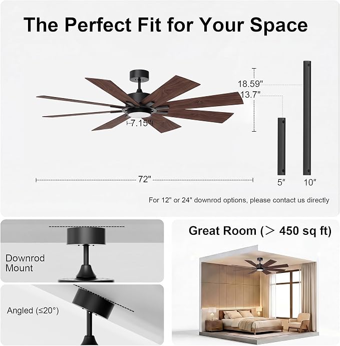 GREENEVER 72 Inch Large Ceiling Fan with Lights, Remote, DC & High CFM | 6 Speed 9371CFM High-Airflow, Quiet DC Motor, Dual-Sided Blades, 3CCT Dimmable Light for Living Room & Commercial Areas