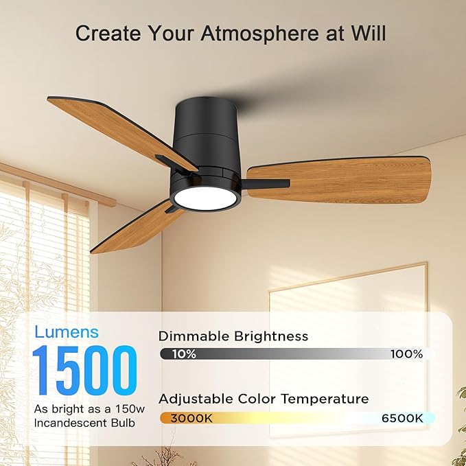 Ceiling Fans with Lights,42 inch,Quiet Reversible Motor,Easy to Install,6 Speeds,Dimmable,Timer, Black Modern Ceiling Fan for Living Room, Bedroom, Kitchen, Dining room, Office