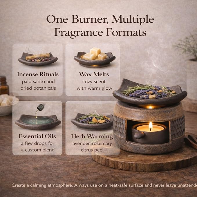 Zen Ceramic Incense Holder with Wooden Tongs, Tealight Wax Warmer and Essential Oil Burner for Wax Melts, Dried Herbs and Palo Santo, Aromatherapy Stove for Bedtime Calm, Meditation, Home and Office