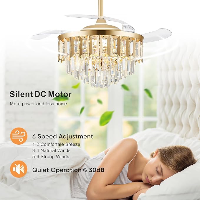 TXCSLY 48" Fandelier Ceiling Fan with Light, Crystal Chandelier Fan with Retractable Blades Dimmable Crystal Ceiling Fan Chandelier for Bedroom Living Room Dining Room-Gold