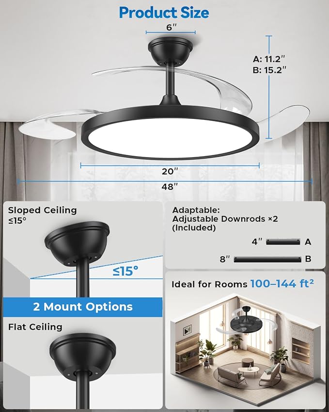 【Slim】48" Retractable Ceiling Fans with Lights, Large Fandelier Ceiling Fan with Light and Remote, Reversible, 3 CCT, Dimmable, Modern Chandelier for Bedroom, Living Room, Dining Room (Black)