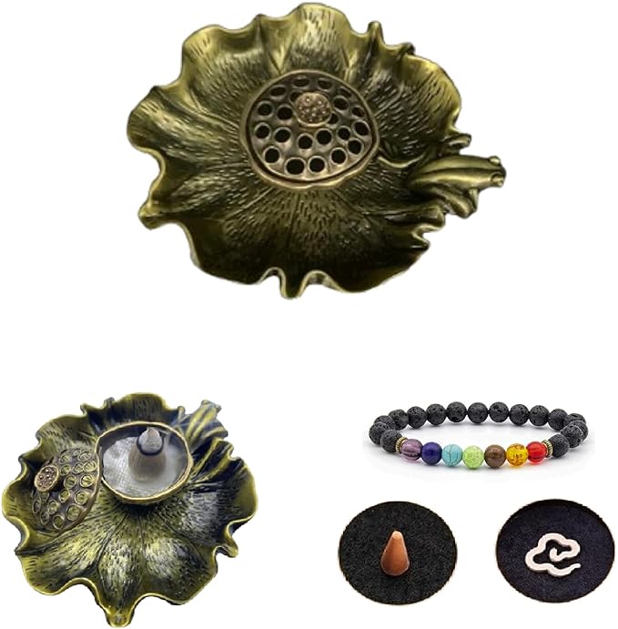 Vintage Bronze Color Mini Lotus & Frog Incense Burner, Cones and Small Coils Holder, Crystal Healing Chakras Energy Meditation Incense Set Aesthetic Home Decor Aromatherapy Ornament