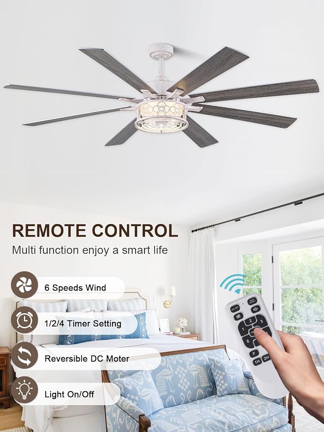 72 in Farmhouse Ceiling Fan with Lights Large Rustic Ceiling Fan | Retro White Caged Fandelier, Industrial Chandelier Light with Remote for Living Room Indoor, Reversible DC Motor 6 Speeds