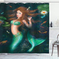 Ambesonne Underwater Shower Curtain, Fantasy Mermaid in Lake with Lilies Blossom Plants Leaves, Cloth Fabric Bathroom Decor Set with Hooks, 69" W x 84" L, Green Brown Jade Green
