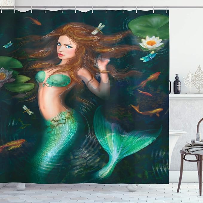 Ambesonne Underwater Shower Curtain, Fantasy Mermaid in Lake with Lilies Blossom Plants Leaves, Cloth Fabric Bathroom Decor Set with Hooks, 69" W x 75" L, Green Brown Jade Green