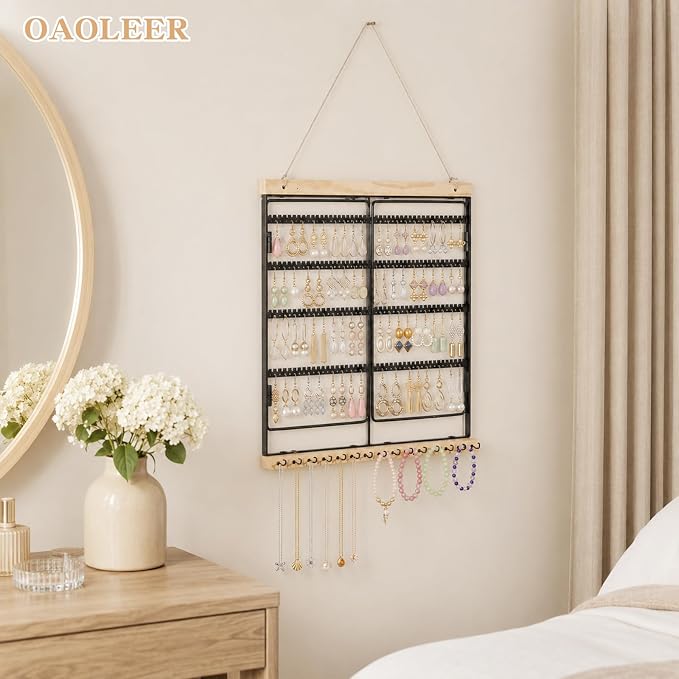 Hanging Jewelry Organizer 4-Tier Wall Earring Holder for Necklaces, Rings | Natural wood & solid metal wall jewelry rack , Dual earring grid slots & bottom hooks store earrings, bracelets