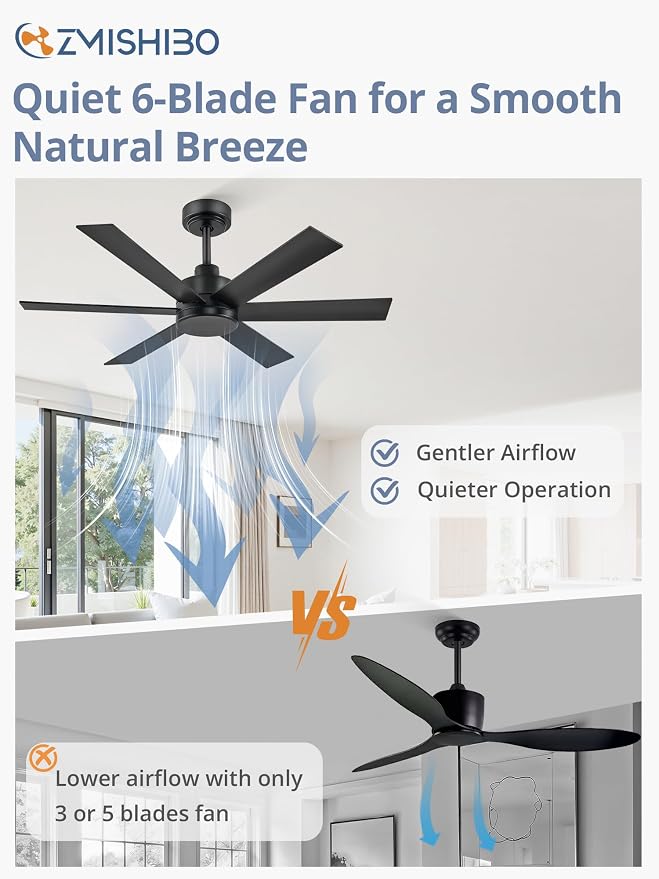 ZMISHIBO 42 Inch Black Ceiling Fan Without Light, Bedroom Ceiling Fan No Light, 6 Blades, Quiet Reversible DC Motor, 6-Speeds, Small Ceiling Fan for Bedroom, Living Room, Patio, Indoor/Outdoor Use