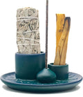 4 in 1 Ceramic Incense Holder, Palo Santo Stick Holder, Sage Holder for Burning, 5.2" Ash Catcher Tray for Meditation, Yoga & Home Decor (Blue)