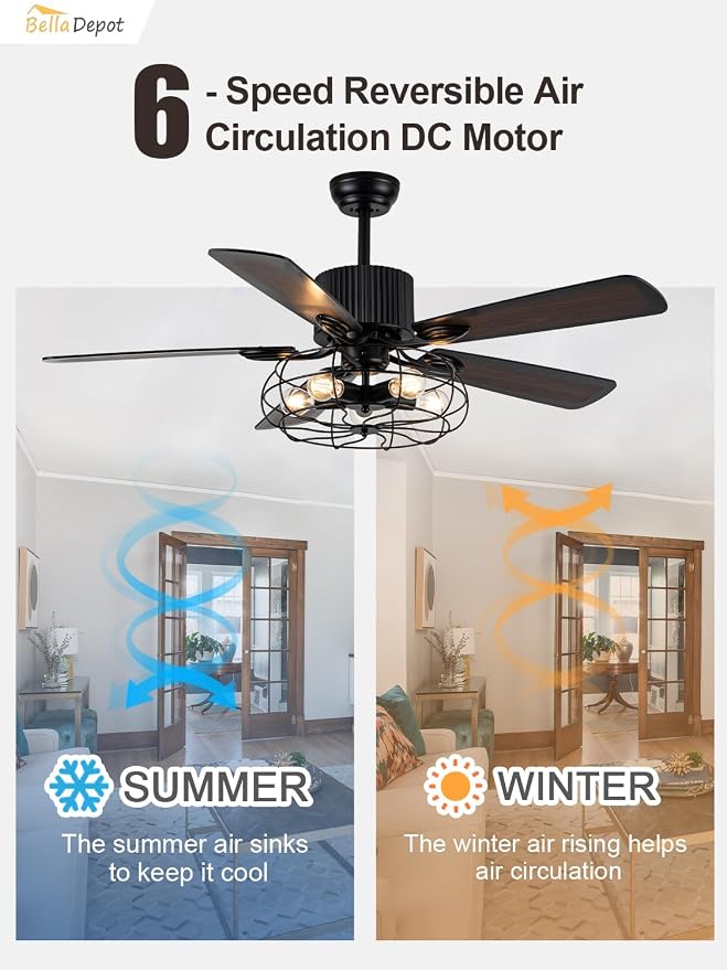 Bella Depot 52" Industrial Ceiling Fan Farmhouse Caged Chandelier Fan with Light Remote Vintage Rustic Indoor Fandelier with Silent Motor for Dining Living Room Bedroom Porch Outdoor (Coffee)