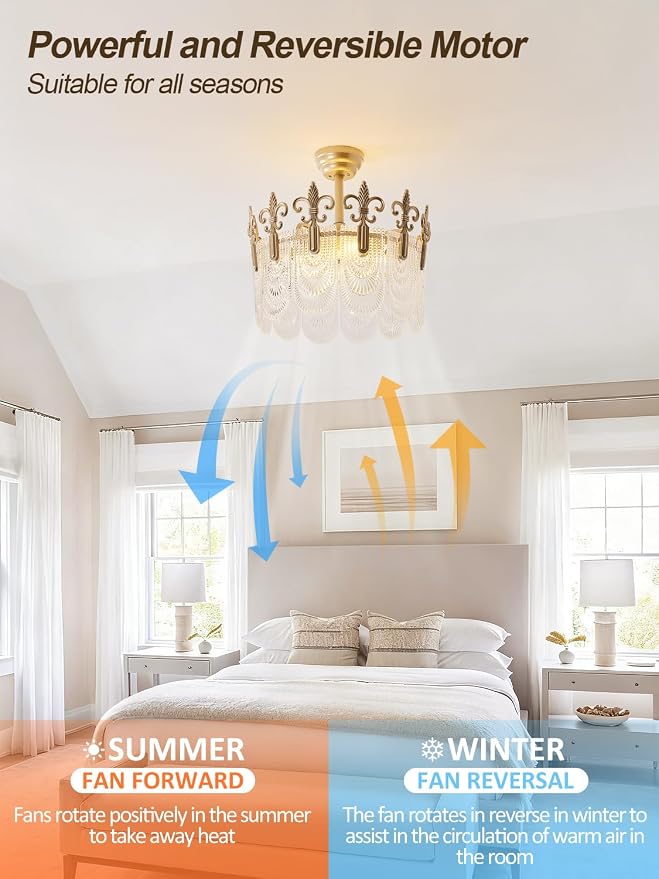 Gold Crystal Fandelier Ceiling Fan with Light,20" Gold French Chandelier Ceiling Fans with Lights Remote Control, Morden Mid-Century Caged with 6 Speeds for Bedroom, Nursery, Living Room